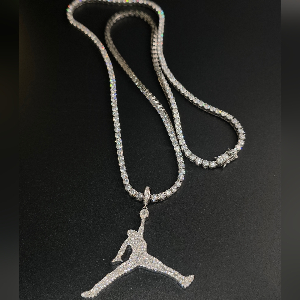24' 3mm Moissanite Tennis Chain with Jordan Pendant , S925 Rhodium Plated.